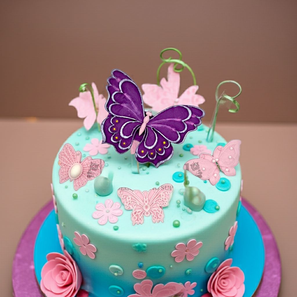 Blue fondant cake decorated with edible purple and pink butterfly toppers, floral details, and sugar pearls.