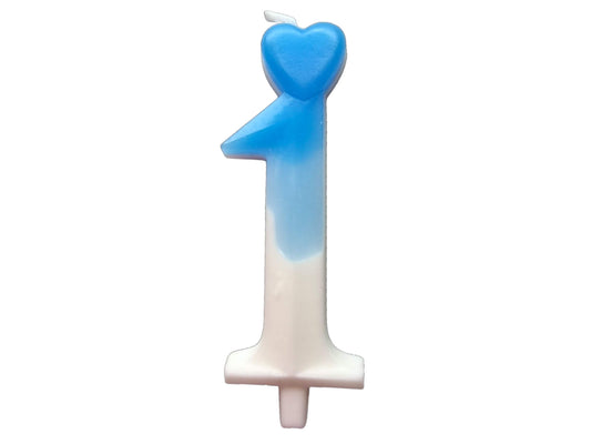 Blue ombré number candle with heart topper, fading into white – perfect for birthday cakes.