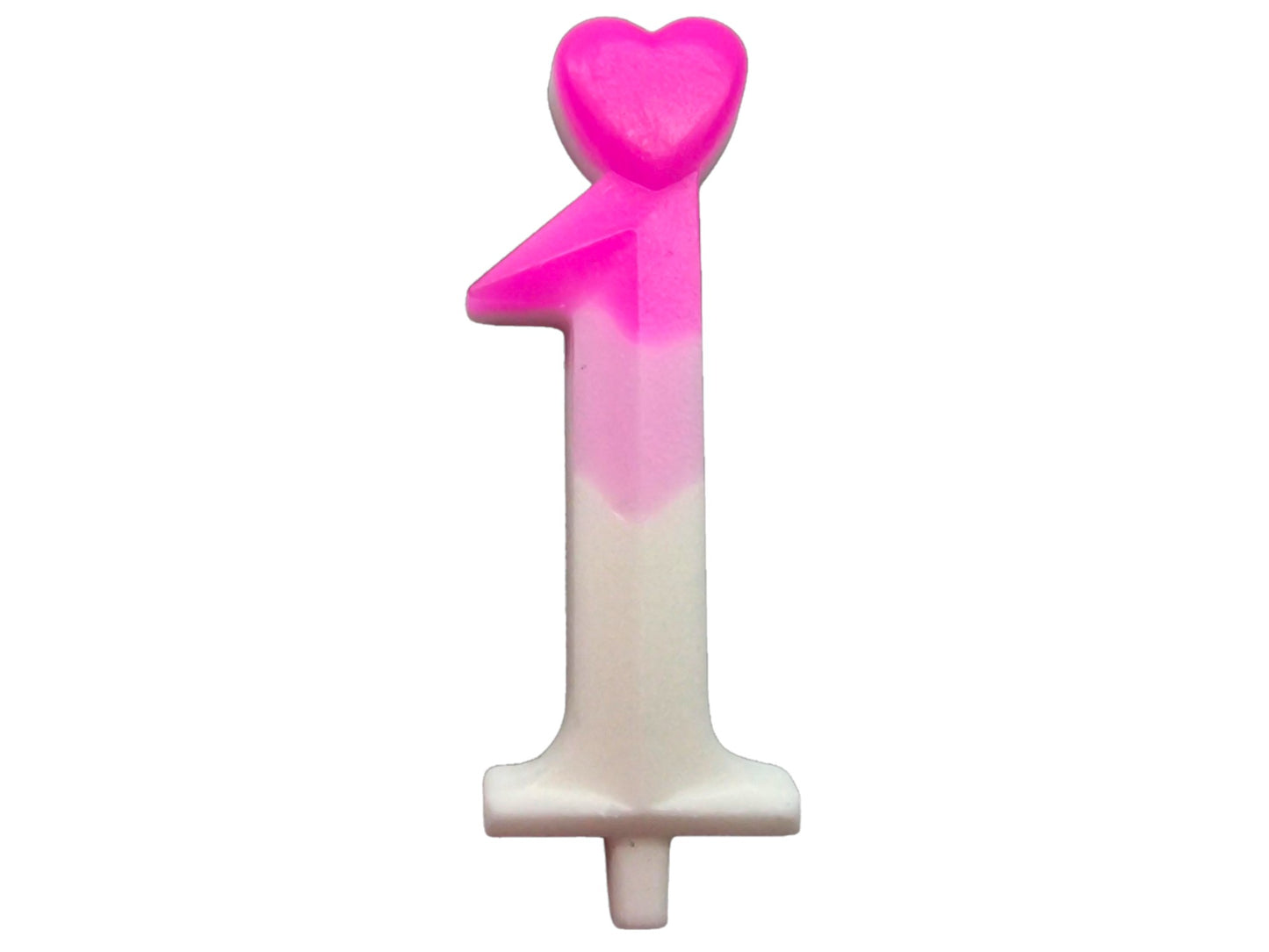 Pink ombré number candle with heart topper, fading into white – perfect for elegant birthday cakes.