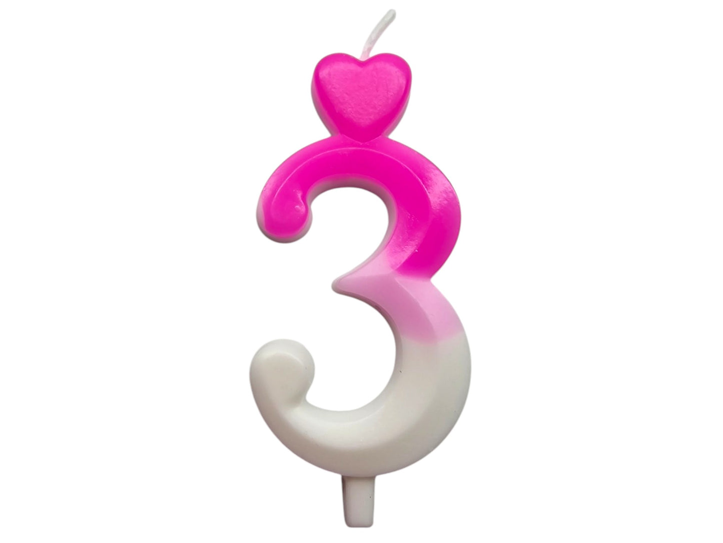 Pink ombré number candle with heart topper, fading into white – perfect for elegant birthday cakes.