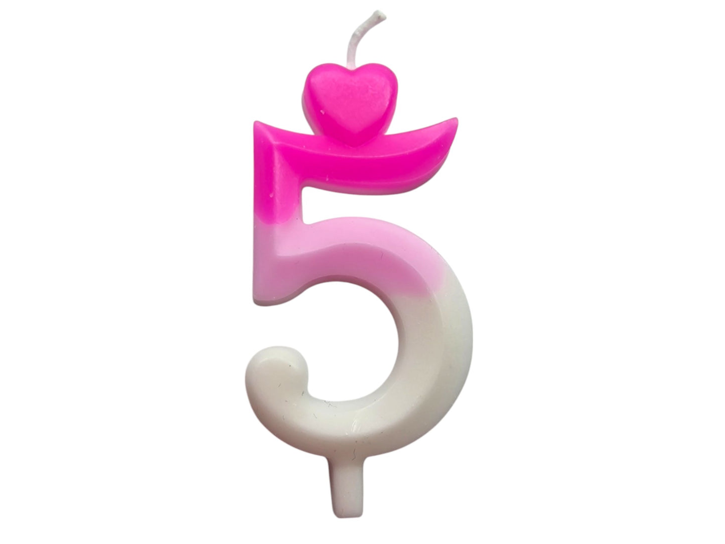 Pink ombré number candle with heart topper, fading into white – perfect for elegant birthday cakes.
