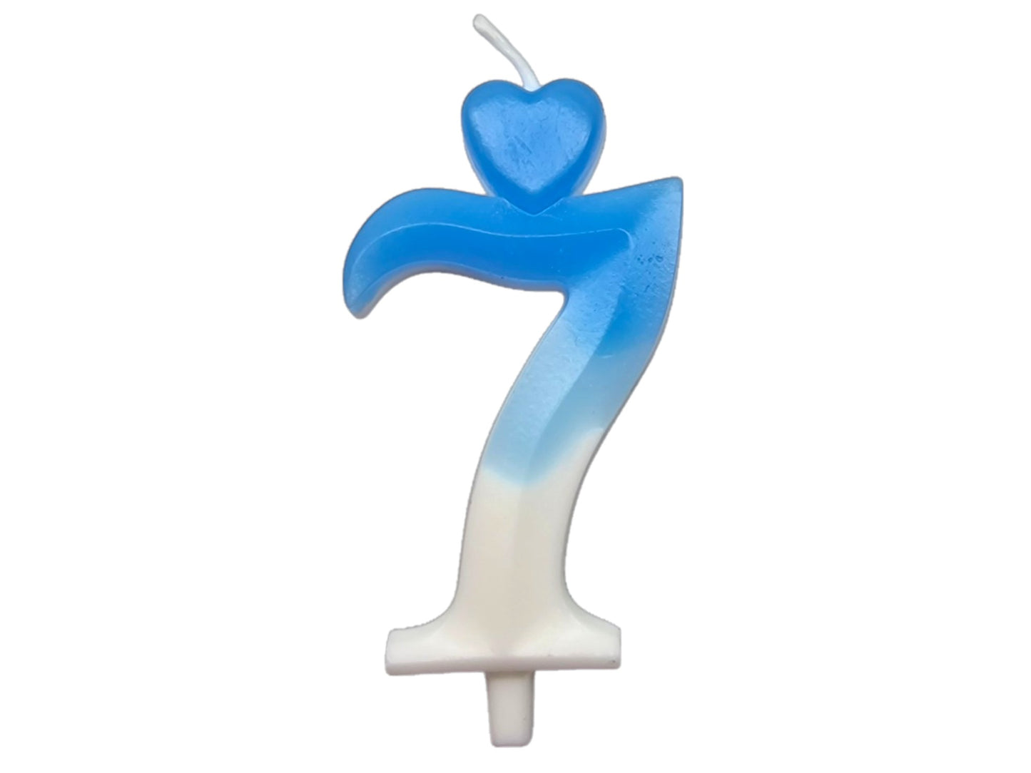 Blue ombré number candle with heart topper, fading into white – perfect for birthday cakes.