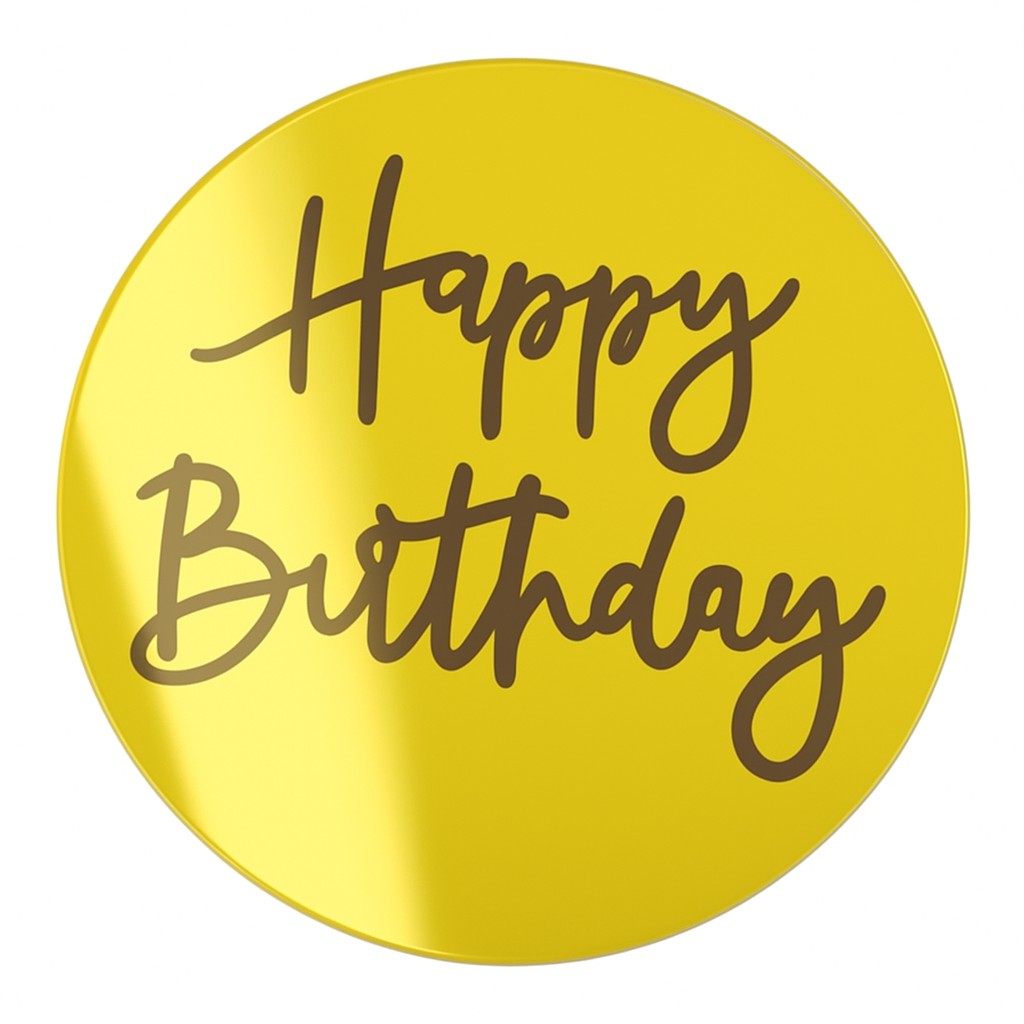 Round gold acrylic cake topper with "Happy Birthday" text in modern script