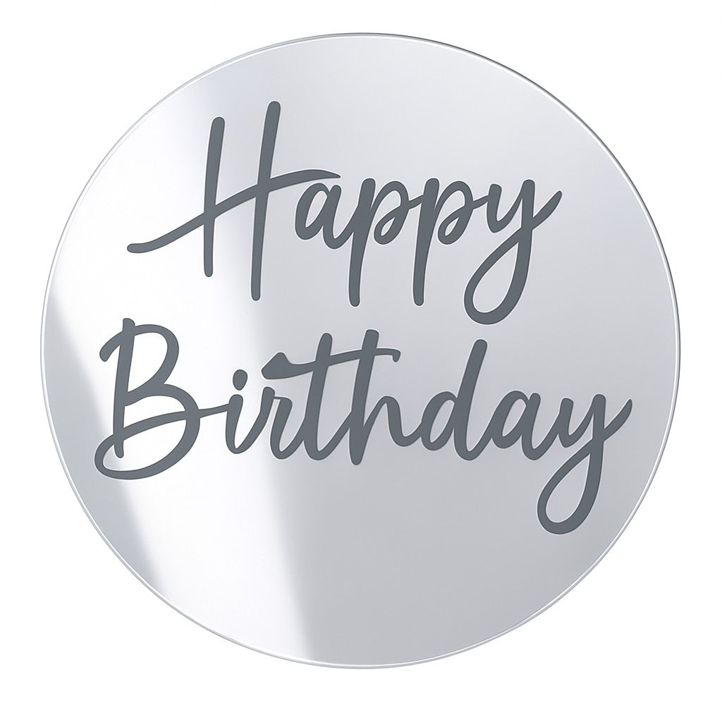 Silver round acrylic cake topper with "Happy Birthday" in stylish script