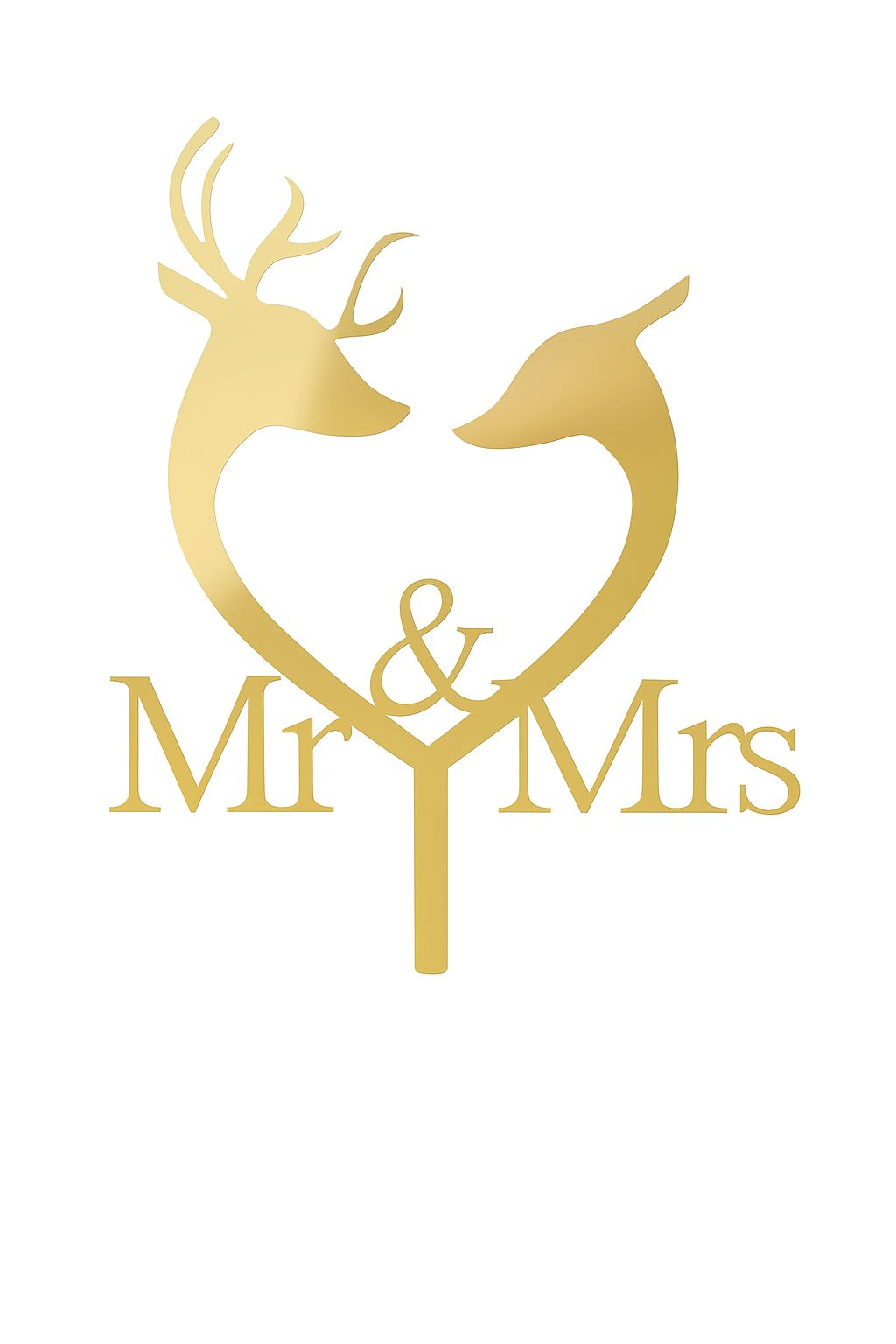 Gold mirror acrylic “Mr & Mrs” cake topper with deer couple and heart design