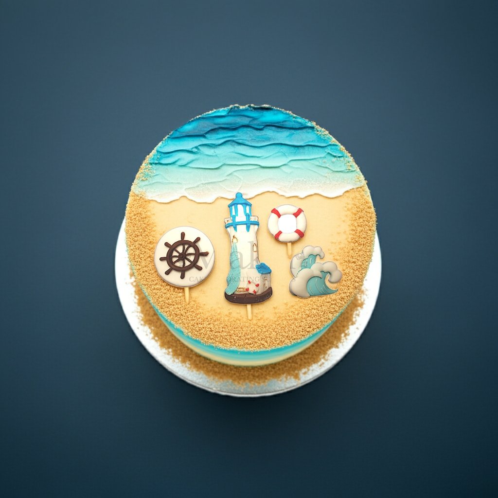 Beach-themed cake with fondant lighthouse, ship wheel, lifesaver, and ocean waves decorations on a blue and sand-style frosting.