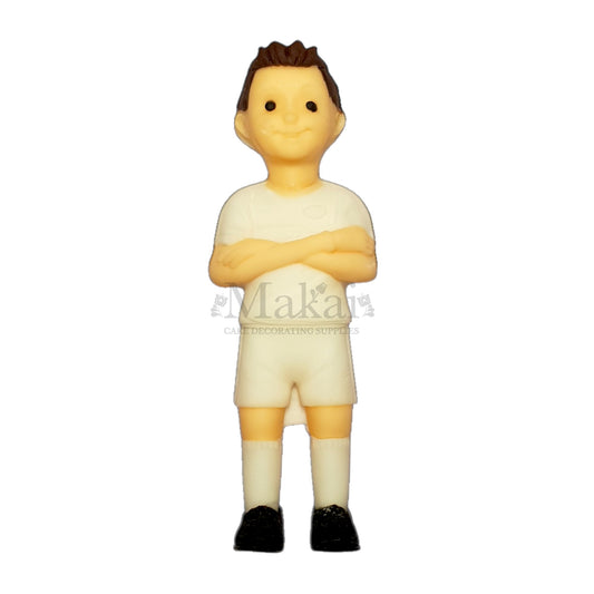 Personalized football player figurine with custom colours for hair, shirt, shorts, shoes, and socks.
