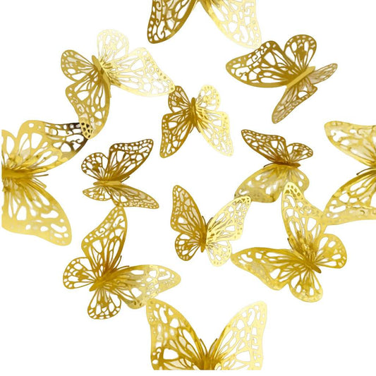 Set of 6 gold 3D butterfly cake decorations in three sizes with intricate cut-out wings