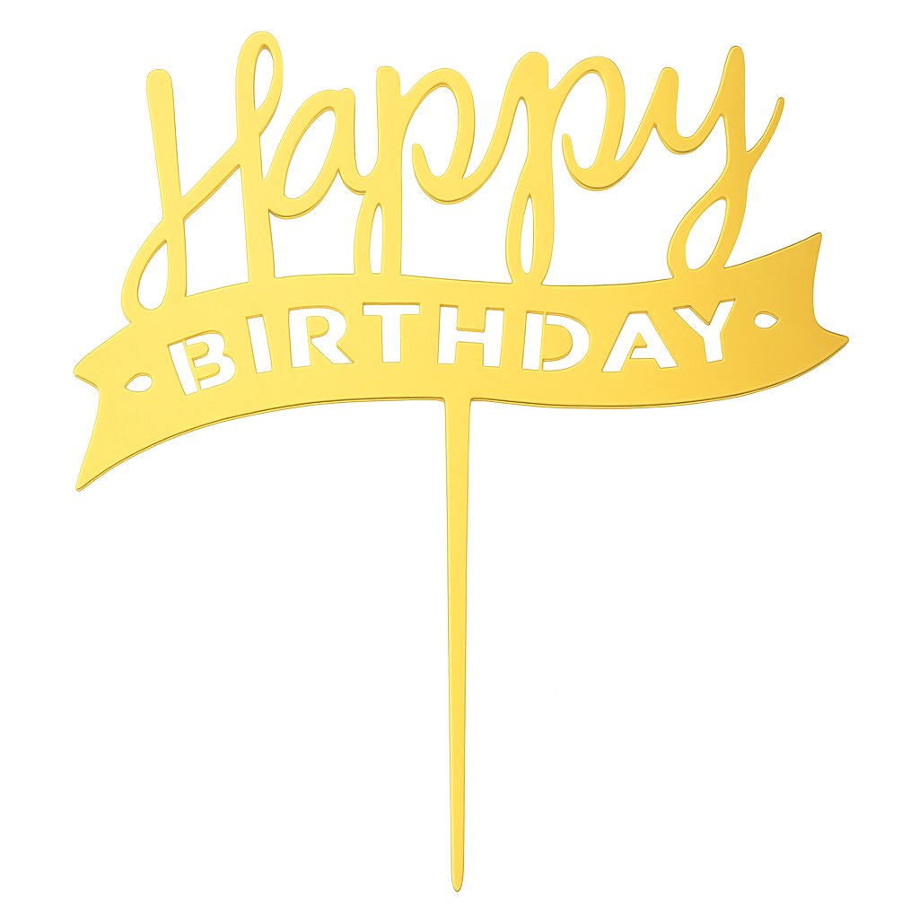 Gold acrylic “Happy Birthday” cake topper with banner design and bold script