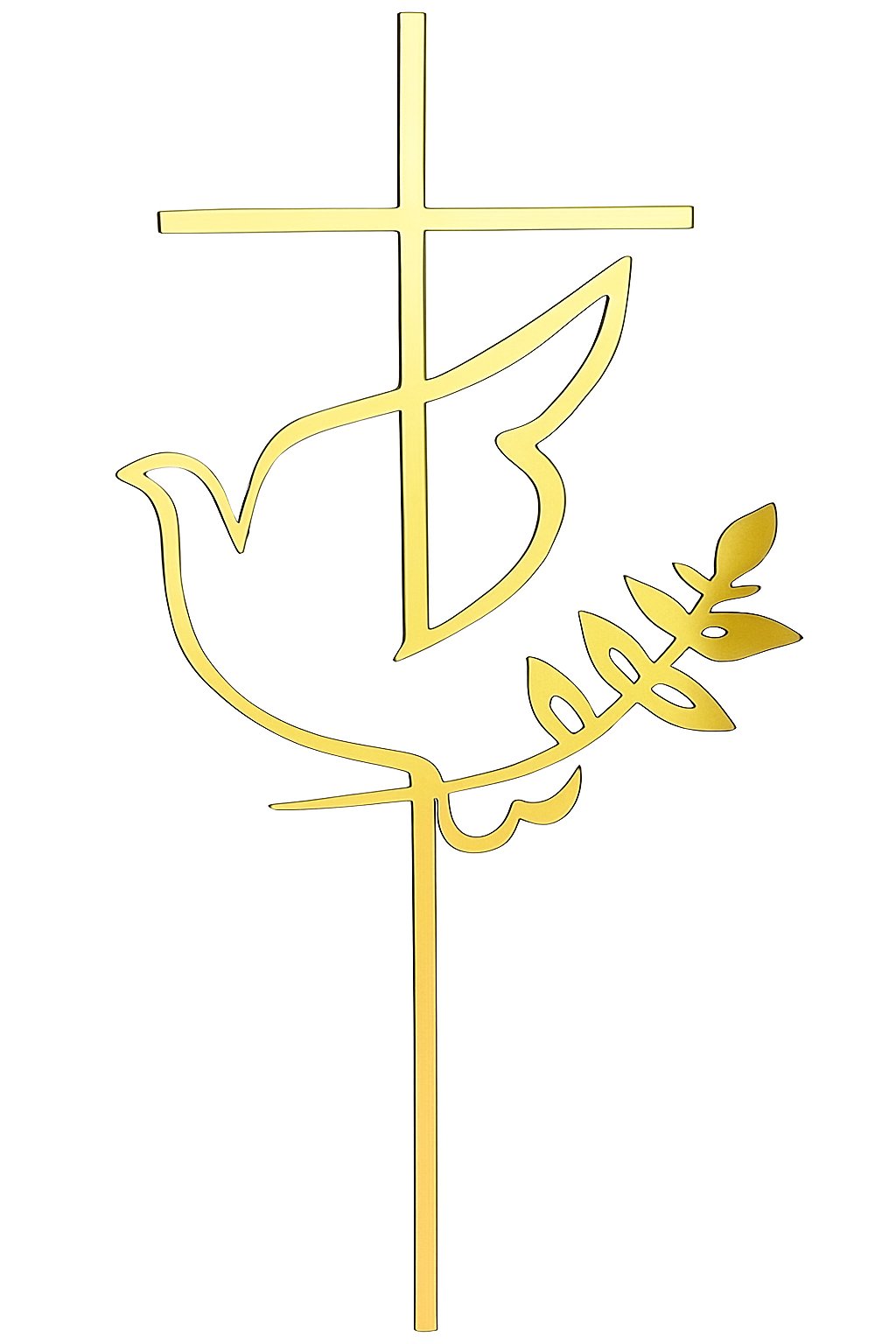 Gold acrylic cake topper with cross, dove, and leaf for christening cakes