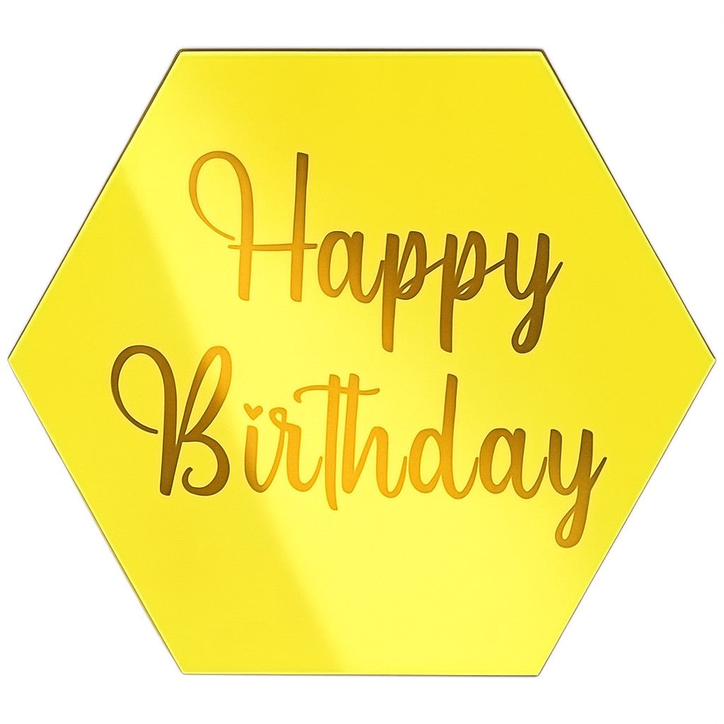 Gold hexagon acrylic cake topper with "Happy Birthday" script