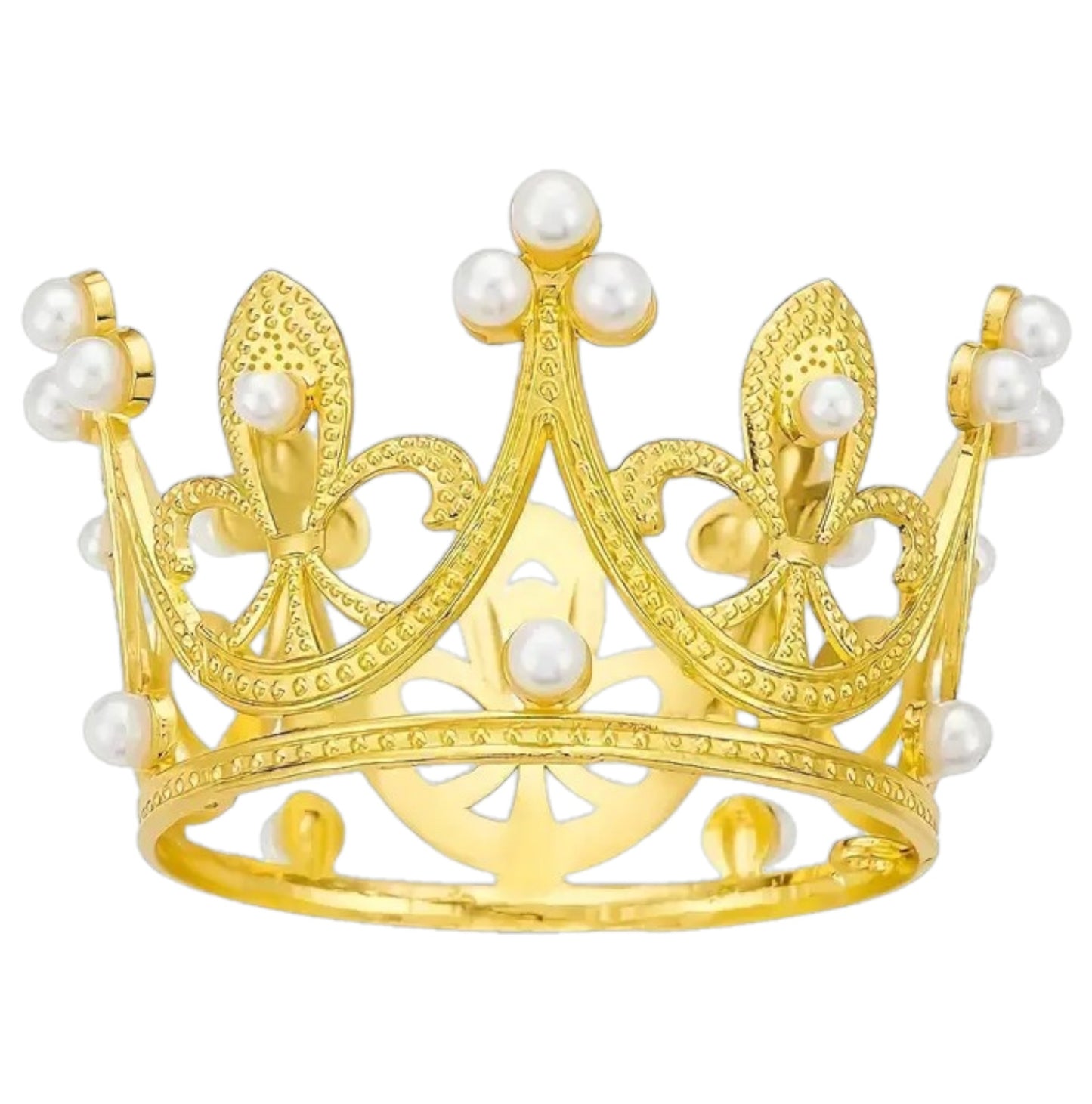 Gold cake topper crown with pearl accents on white background