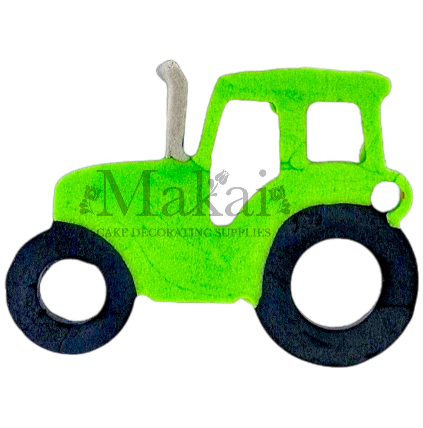 Edible green tractor cake topper with black wheels for rustic farm cakes
