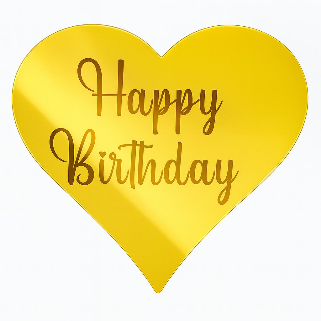 Gold heart-shaped acrylic cake topper with “Happy Birthday” text