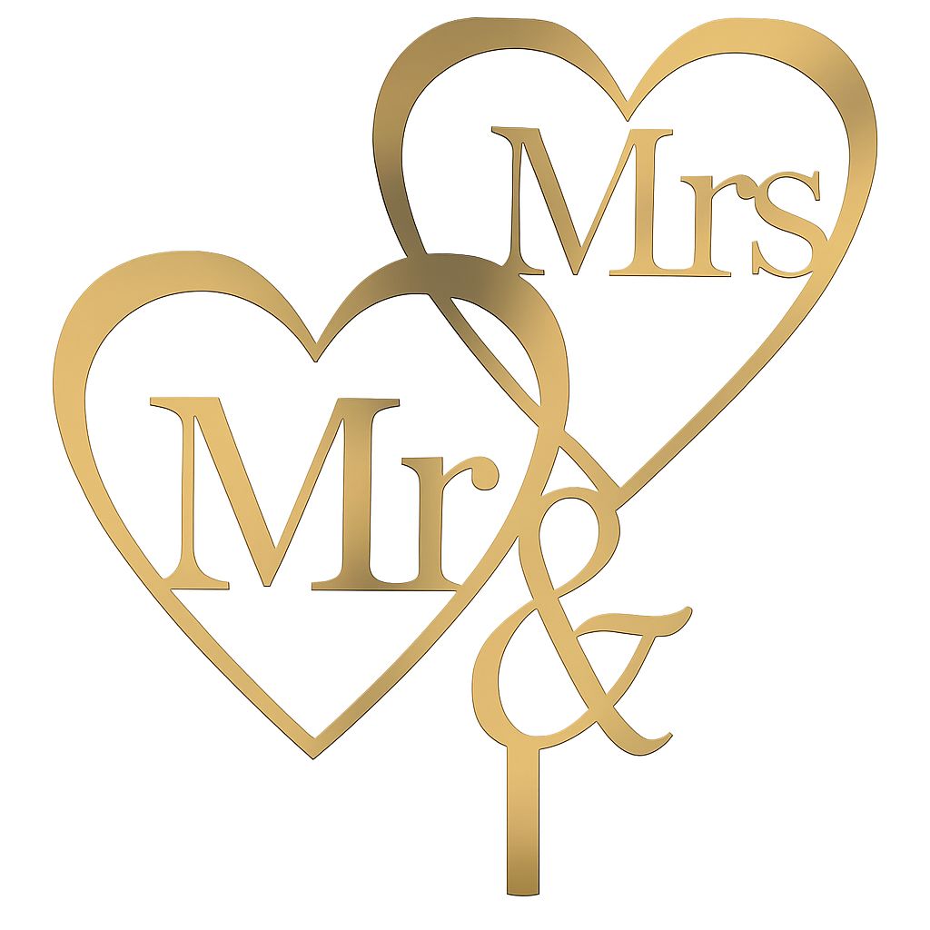 Gold acrylic “Mr & Mrs” cake topper with double heart mirror design