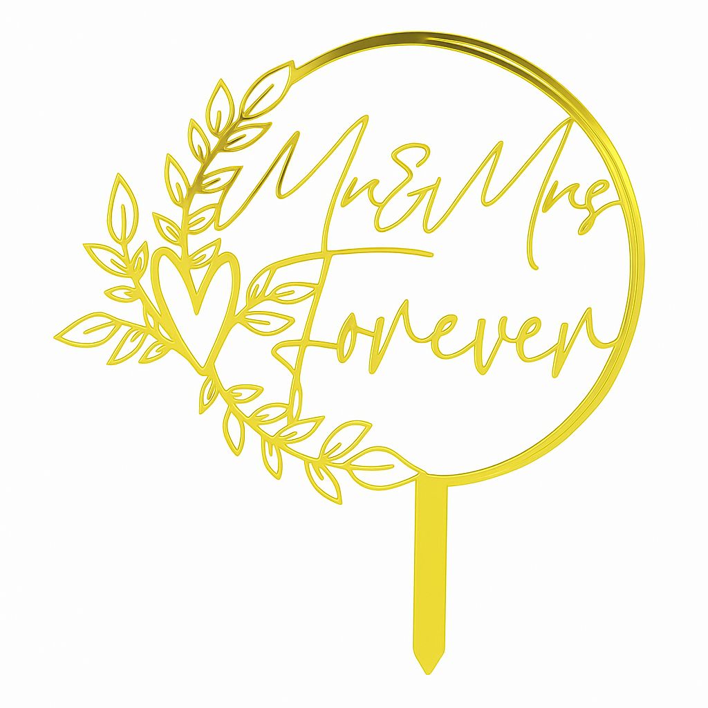 Gold mirror acrylic “Mr & Mrs Forever” cake topper with heart and leafy circular wreath design