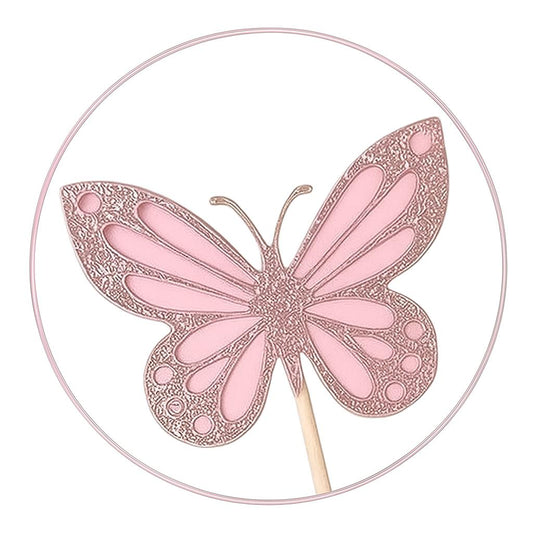 Set of 4 pink glitter butterfly cake toppers with separate wooden sticks