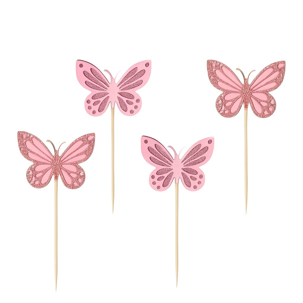 Set of 4 pink glitter butterfly cake toppers with separate wooden sticks