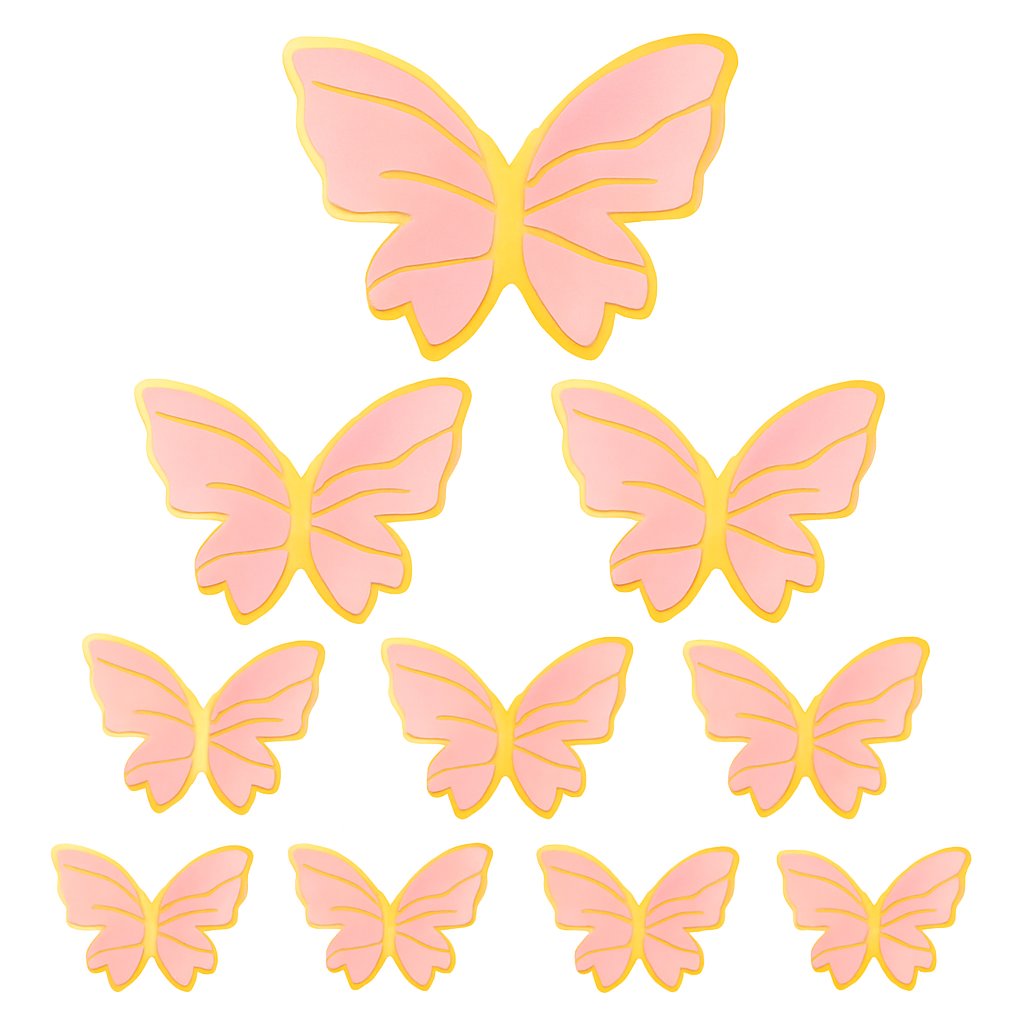 Pink paper butterfly cake decorations in various sizes, perfect for birthday cakes and themed celebrations.