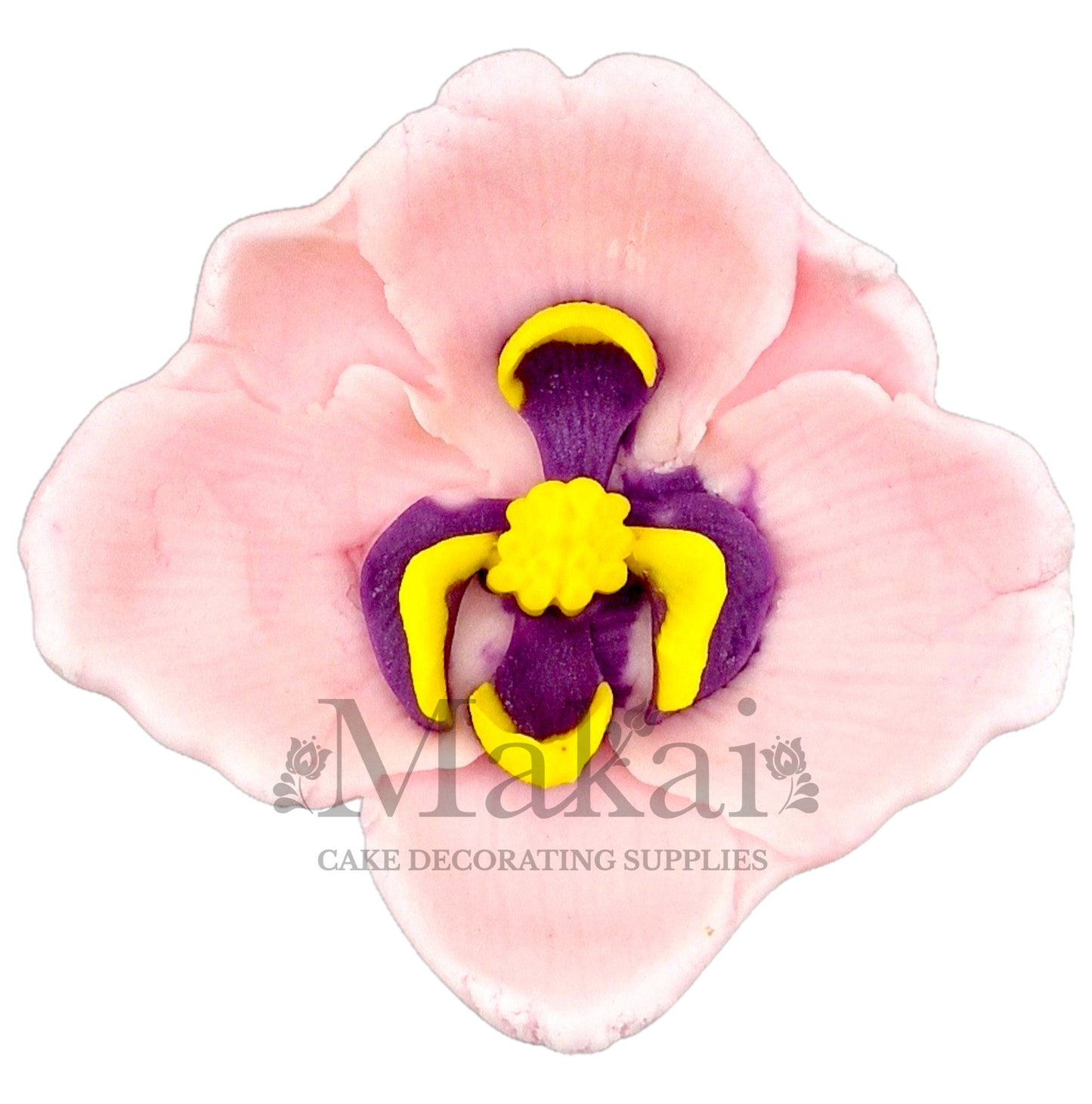 Pastel‑pink edible orchid fondant flower topper for baby‑shower and bridal cakes.