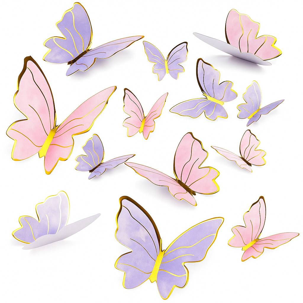 Pink paper butterfly cake decorations in various sizes, perfect for birthday cakes and themed celebrations.