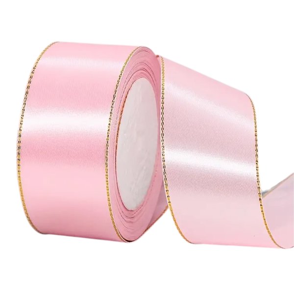 Pink satin ribbon with gold edge, 2.5 cm wide – perfect for cakes, baby showers and romantic gift wrapping.