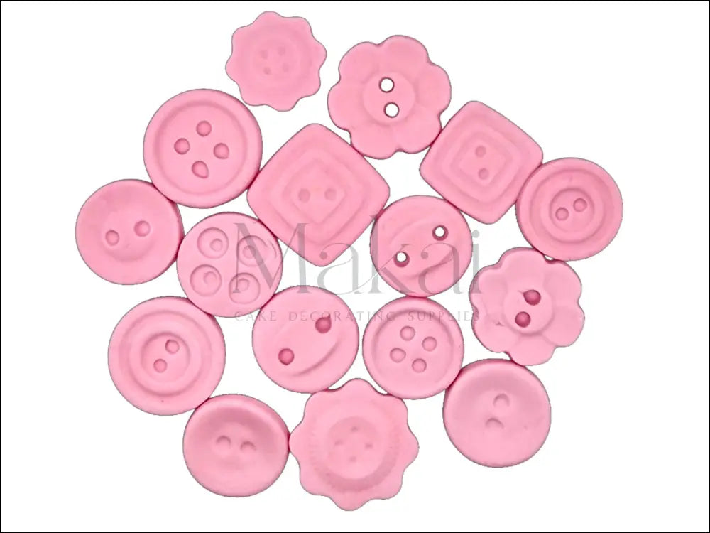 Pink fondant button set for baby shower cakes, newborn celebrations, and vintage-themed cake decorations.