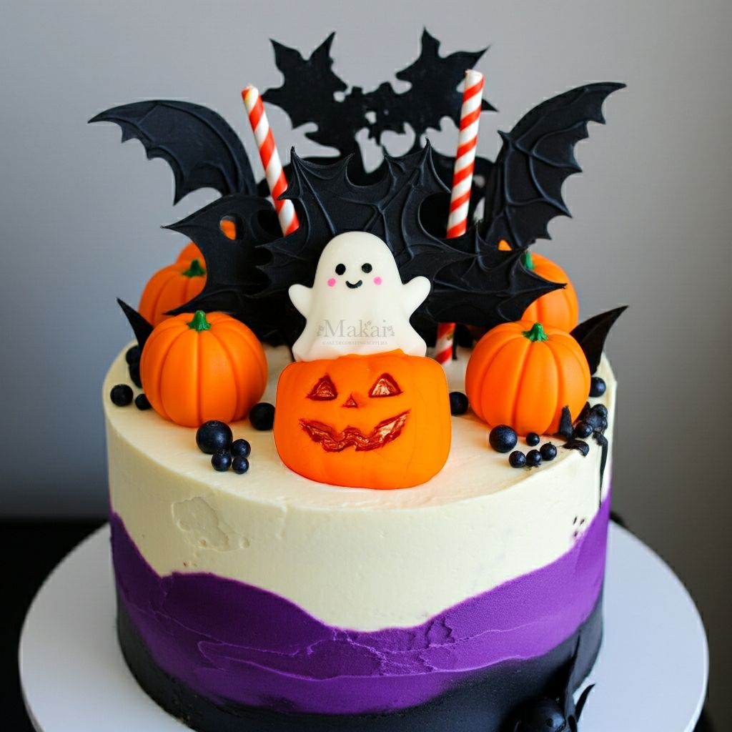 Halloween cake with fondant pumpkins, ghost, and black bat decorations, featuring orange, purple, and black colours – Makai Cake Decorating Supplies.