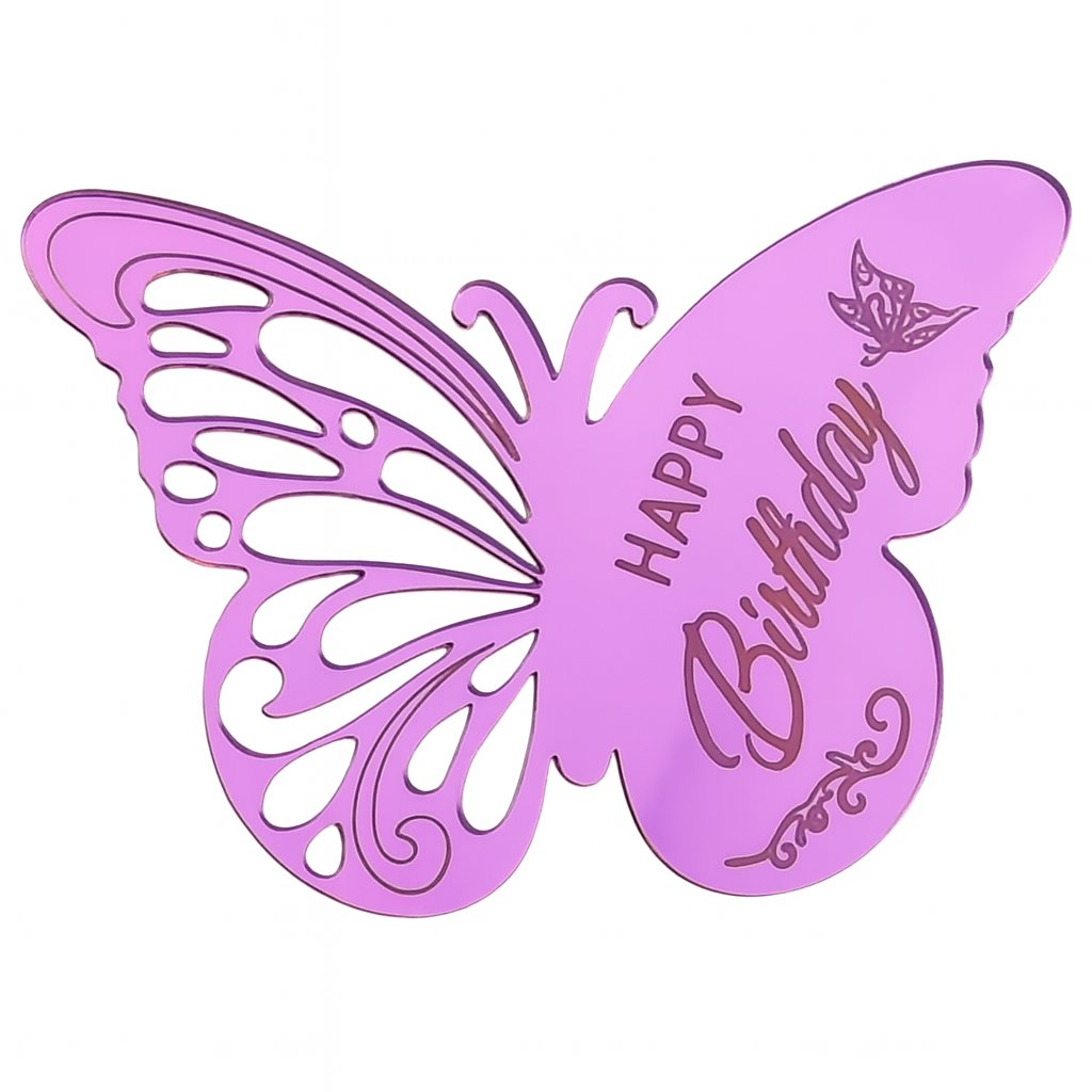 Purple mirror acrylic butterfly-shaped cake topper with “Happy Birthday” engraving and decorative cutout wings