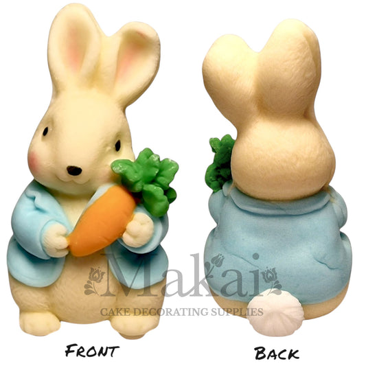 Edible rabbit cake topper with blue jacket and carrot—ideal for baby shower and garden-themed cakes. FRONT and BACK