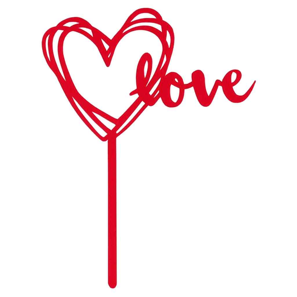 Red acrylic cake topper with hand-drawn heart and “love” text