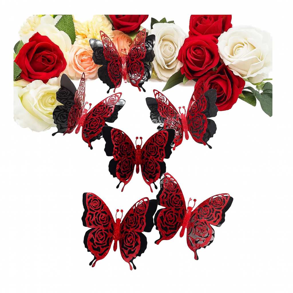 Red glitter acrylic butterfly cake topper with rose cut-out design in wings, 11.5 × 9.7 cm size