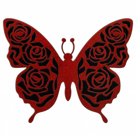 Red glitter acrylic butterfly cake topper with rose cut-out design in wings, 11.5 × 9.7 cm size
