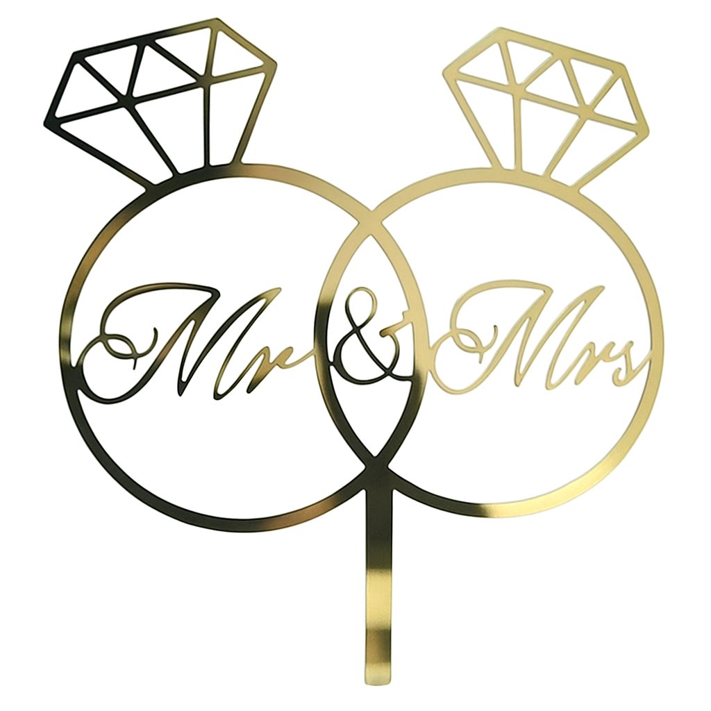 Gold mirror acrylic “Mr & Mrs” cake topper with interlocking diamond ring design