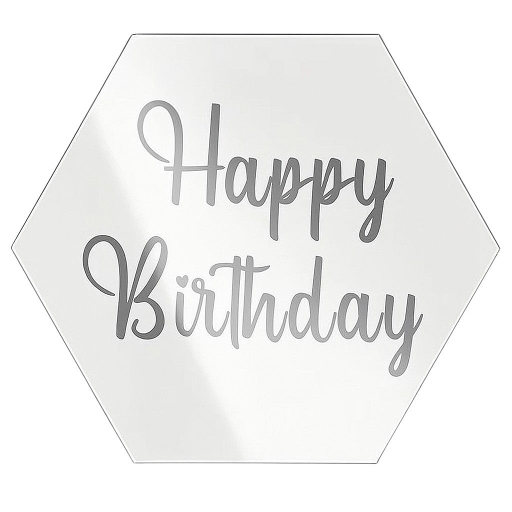 Silver hexagon acrylic cake topper with "Happy Birthday" script