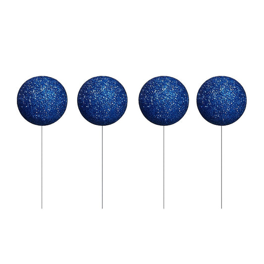 Blue glitter cake topper balls – set of 4 sparkling decorations with stems
