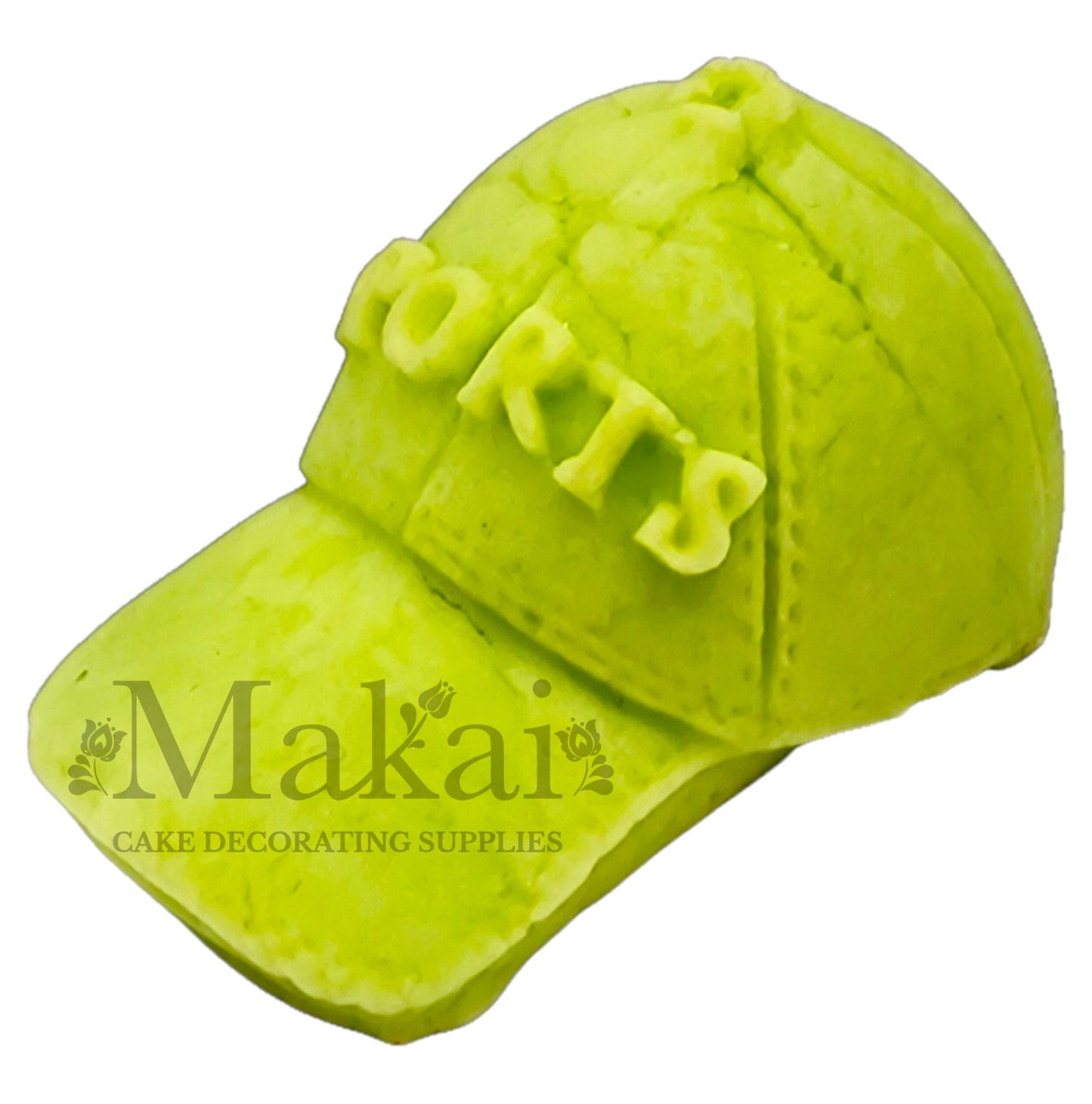 Light‑green fondant sport cap with raised SPORTS text for athletic‑themed cakes.