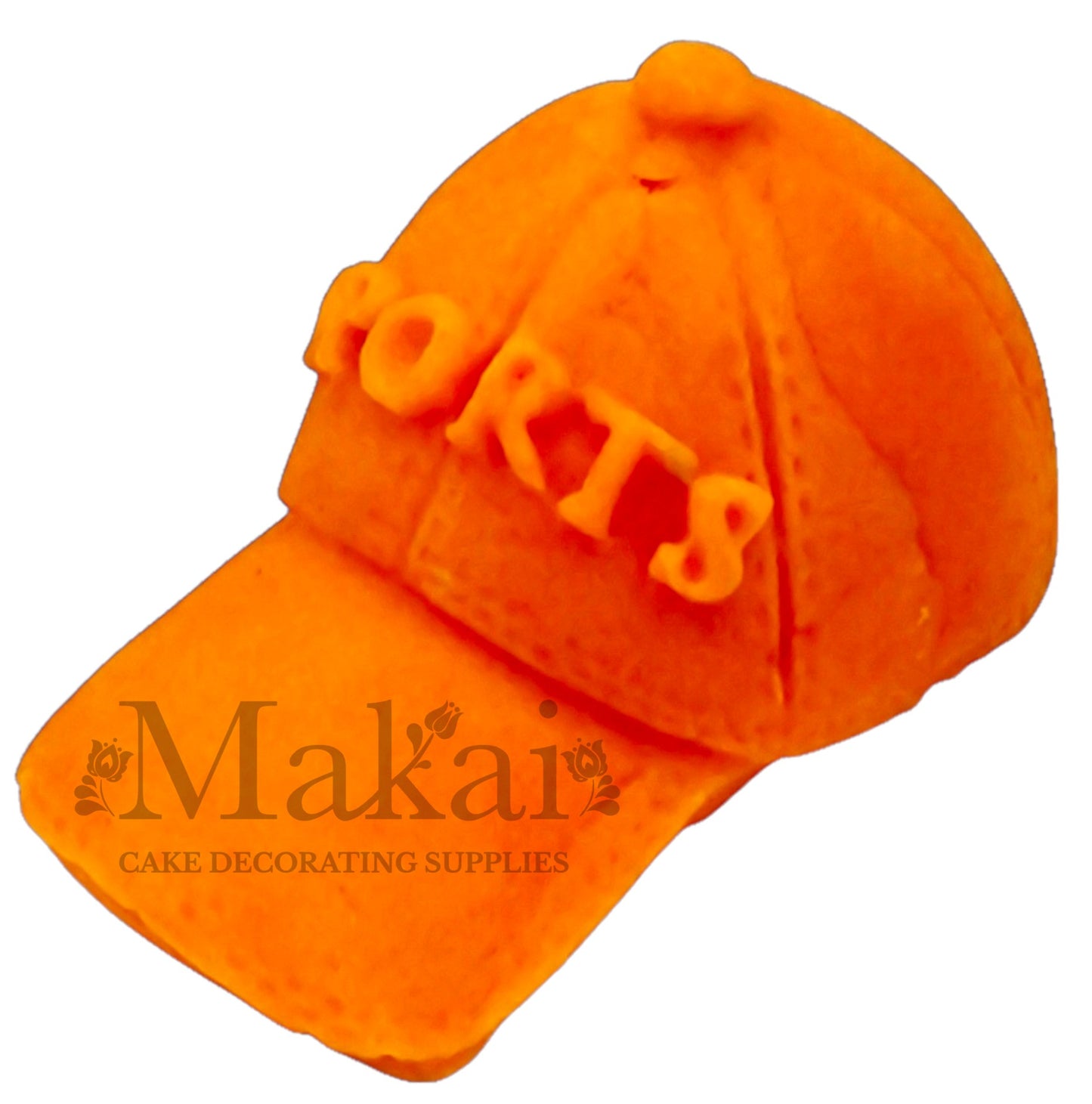 Orange fondant sport cap topper with realistic visor and lettering.