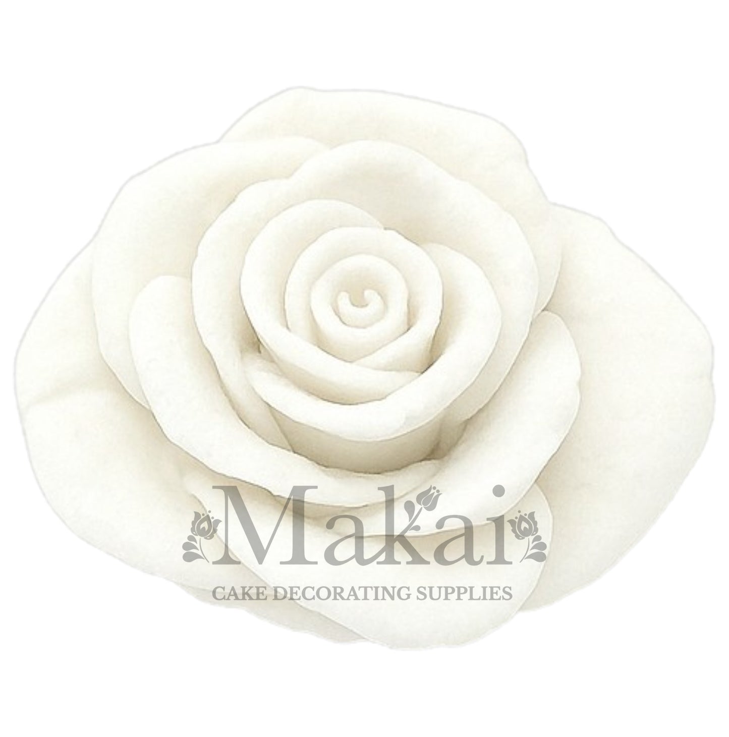 Large white fondant rose flower topper for wedding and anniversary cakes.