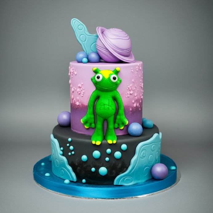 Purple galaxy theme cake with green alien topper and edible planets – Makai Cake Decorating Supplies