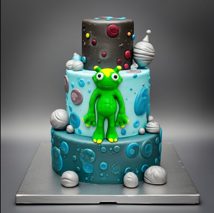 Galaxy-themed birthday cake with edible green alien topper and planet decorations – Makai Cake Decorating Supplies