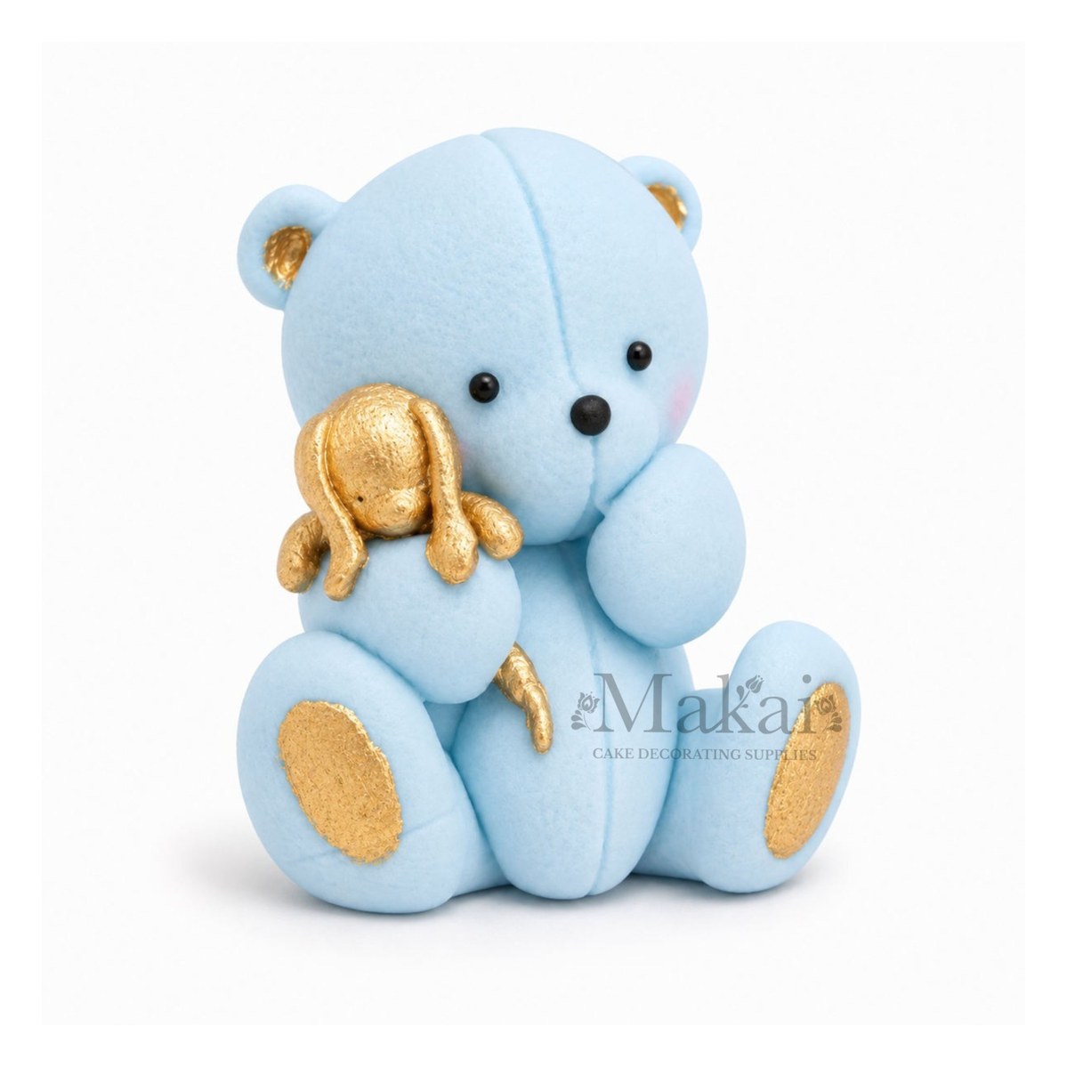 Baby blue teddy bear fondant cake topper with gold bunny decoration, side view