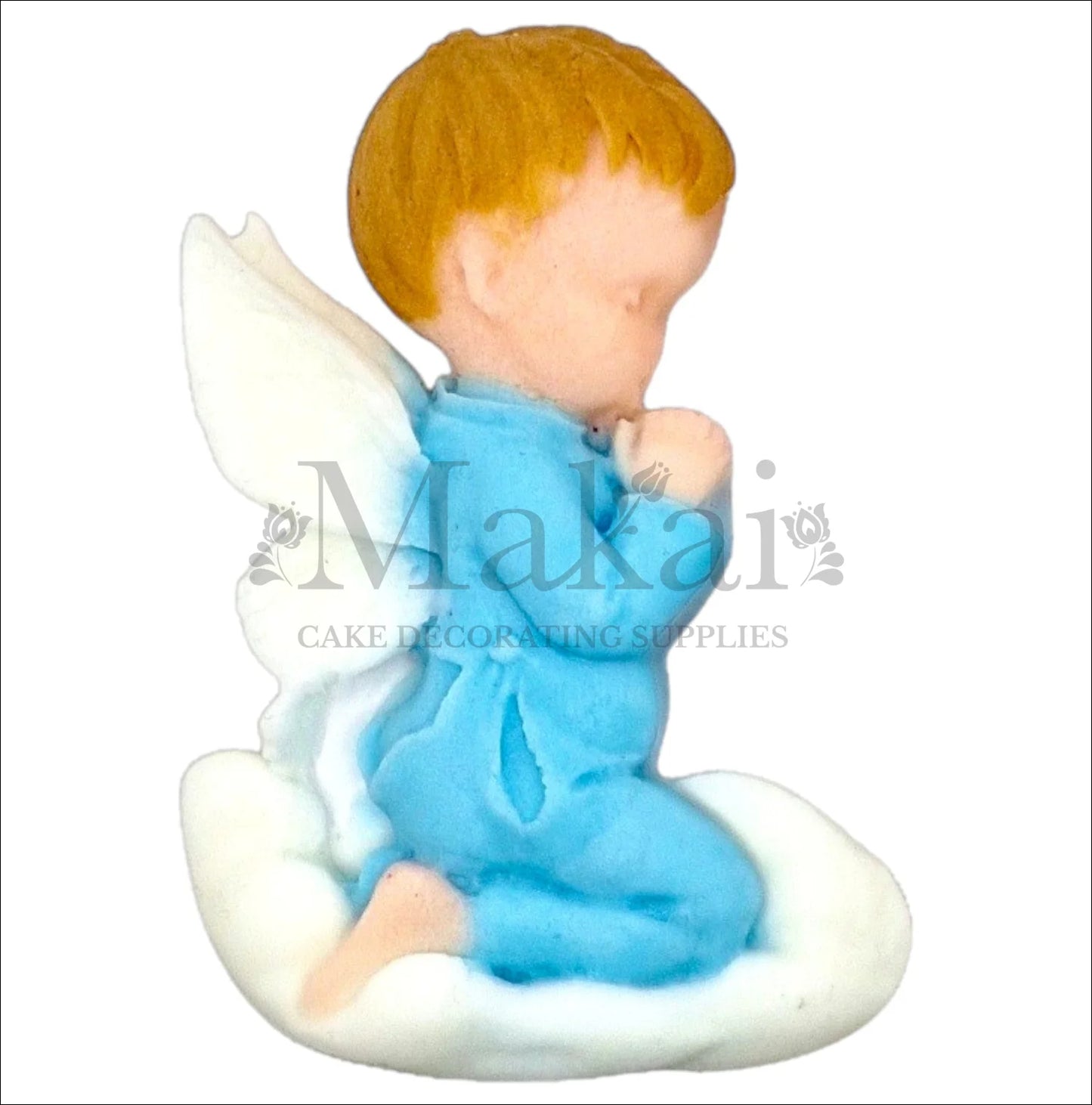 Kneeling baby boy angel in blue pyjamas praying on a white cloud cake topper.