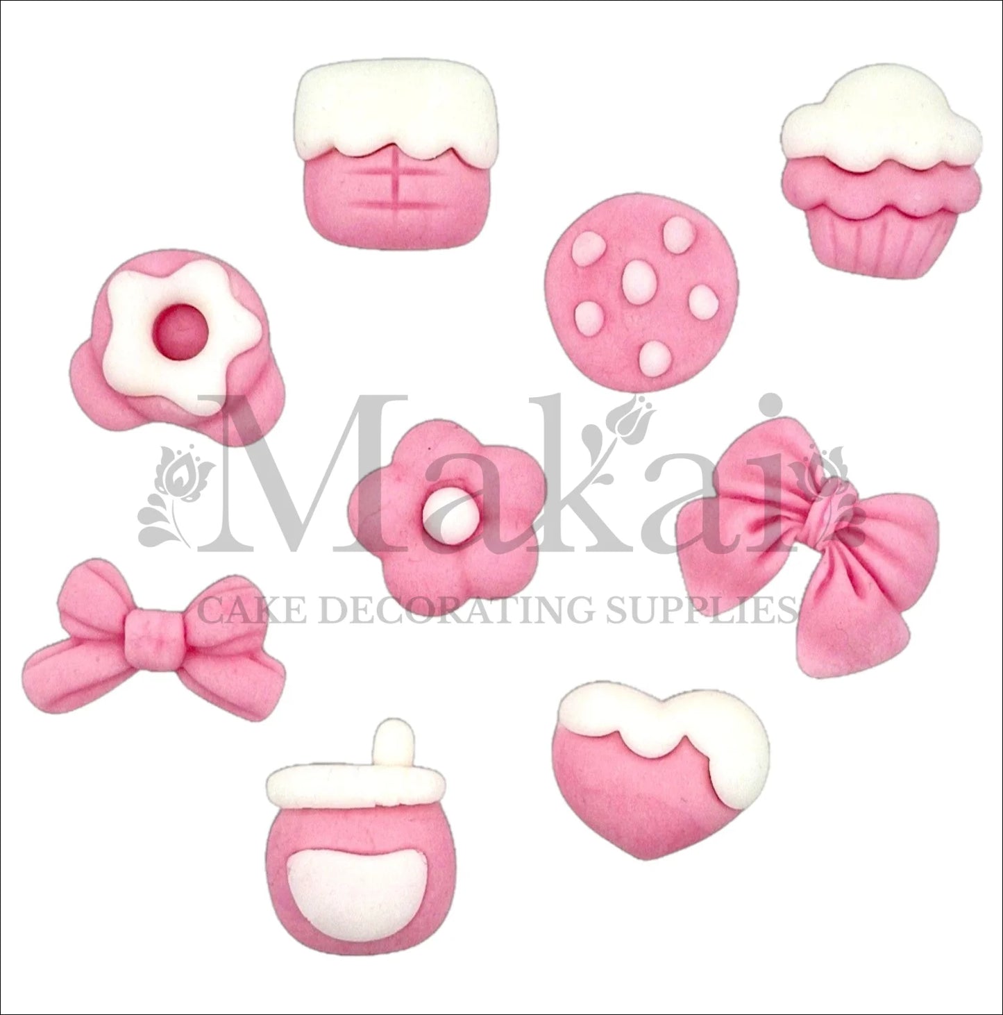 Set of ten pink fondant baby‑girl accessories—bows, flowers, cupcakes, cookie and heart—for edible cake decorating.