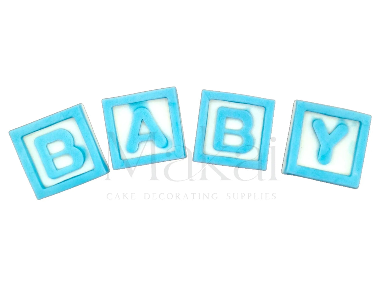 Blue fondant baby letter blocks spelling "BABY" – baby shower cake decoration.