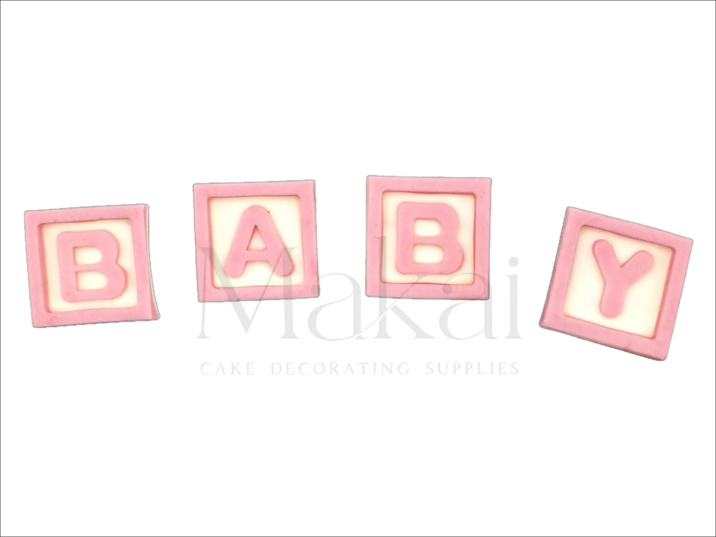 Pink fondant baby letter blocks spelling "BABY" – baby shower cake decoration.