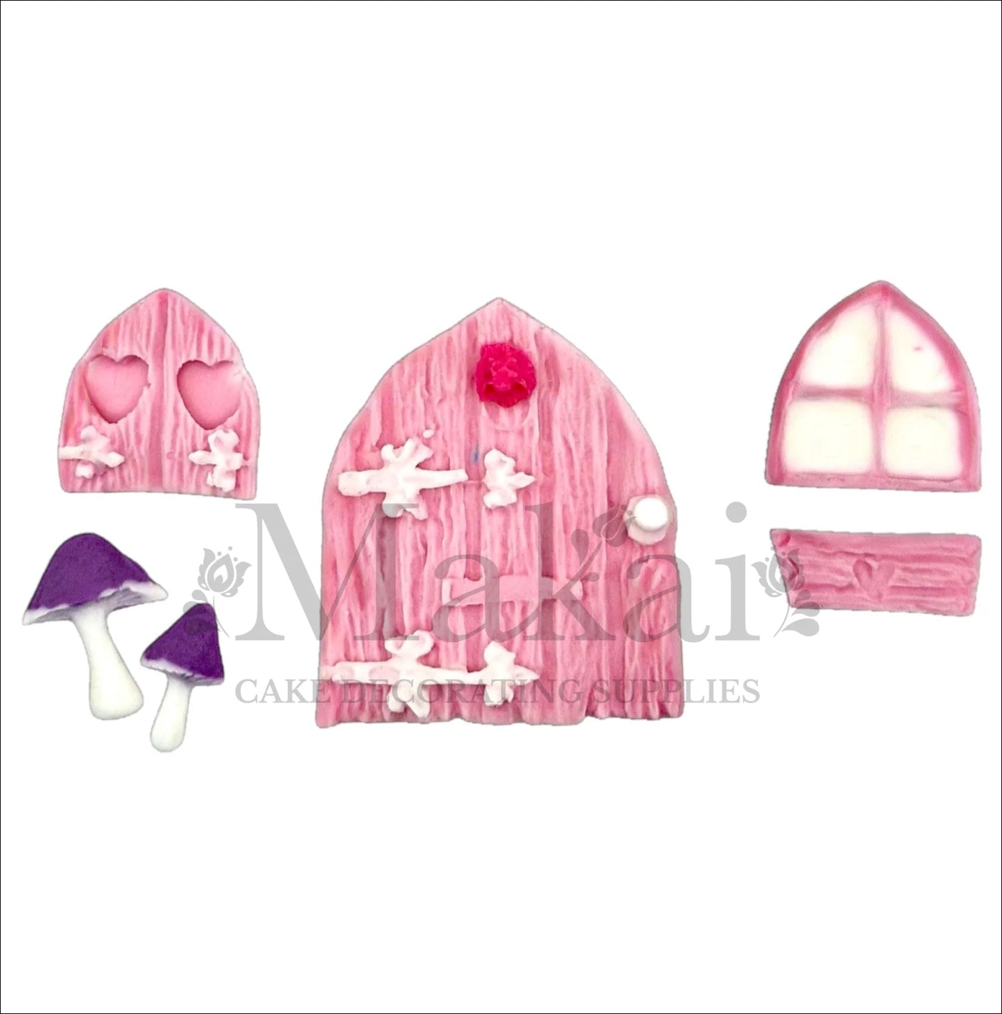 Edible baby pink fairy door, window, and purple mushroom fondant cake toppers for woodland or fairy-themed cakes.