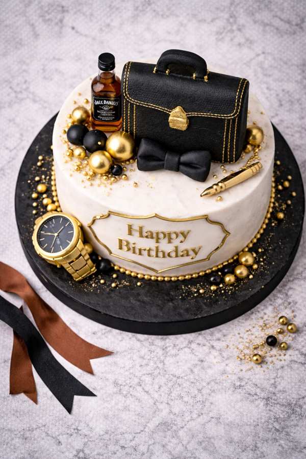 Top view masculine cake with black and gold briefcase cake topper on elegant round cake