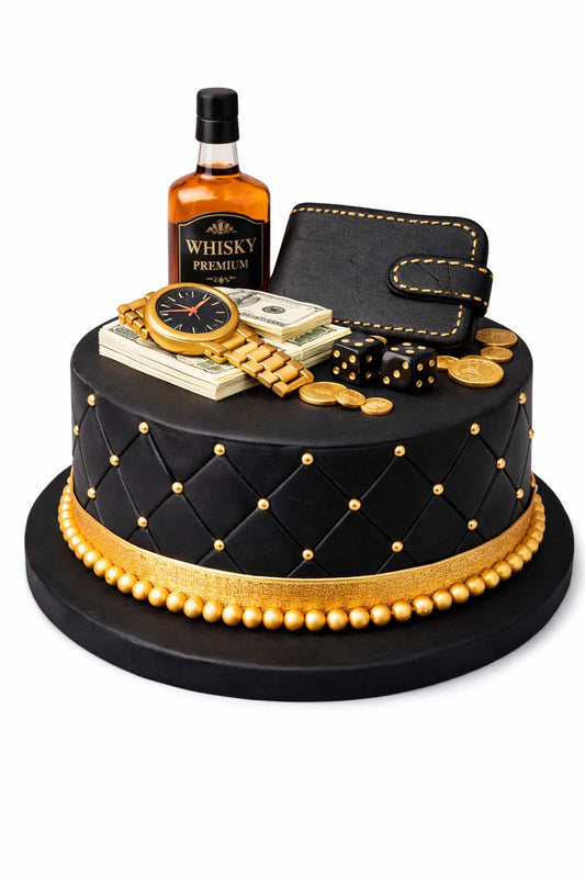 Black luxury single tier cake with fondant wallet cake topper on white background