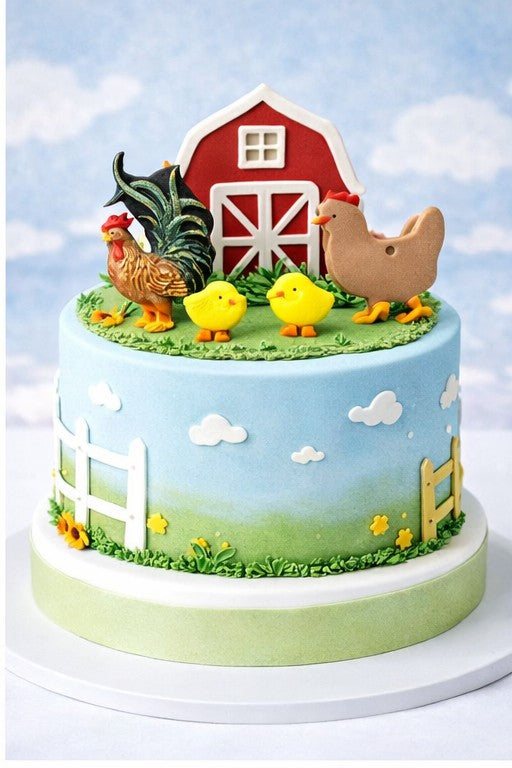 Cake with farm-themed decorations including chickens, chicks, and a barn.